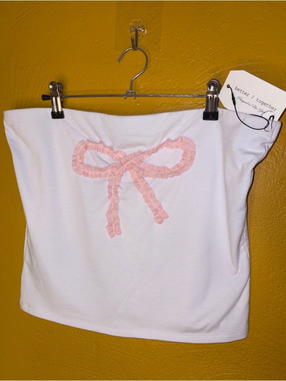 White Strapless Tube Top with Pink Lace Bow Applique XL NWT